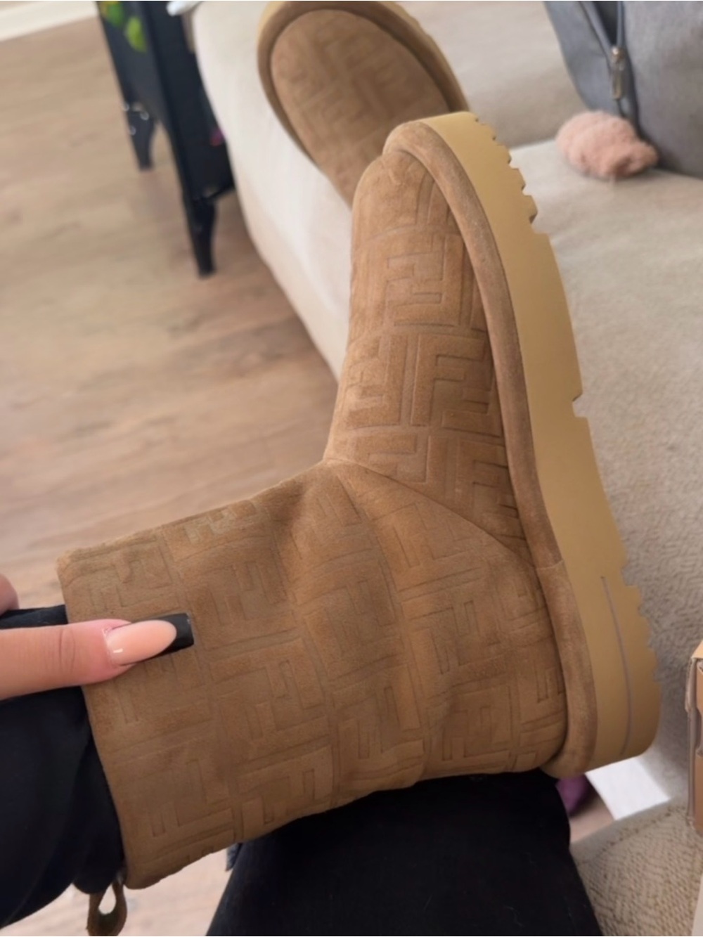 Fendi Tan Suede Embossed Ankle Boot
